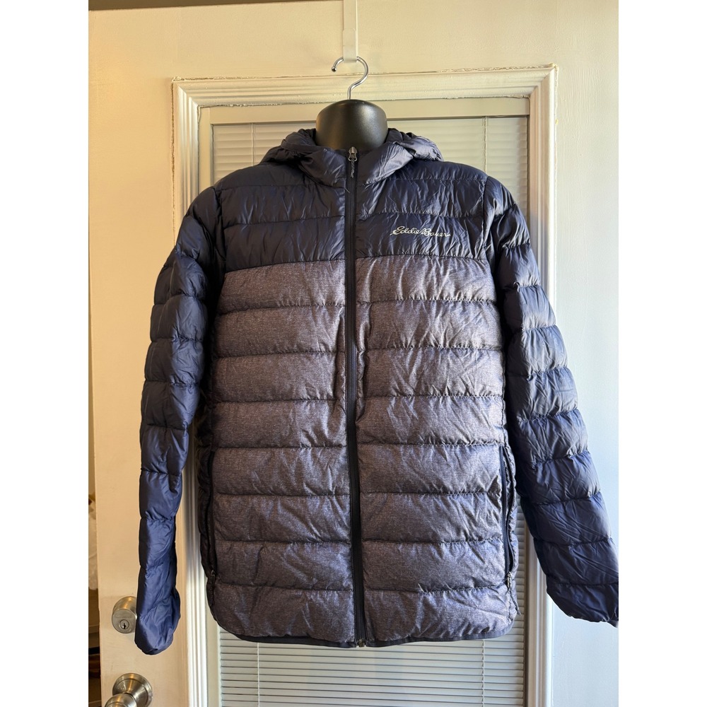 Eddie Bauer CirrusLite Hooded Jacket Mens M Blue Grey Down Puffer 1318924